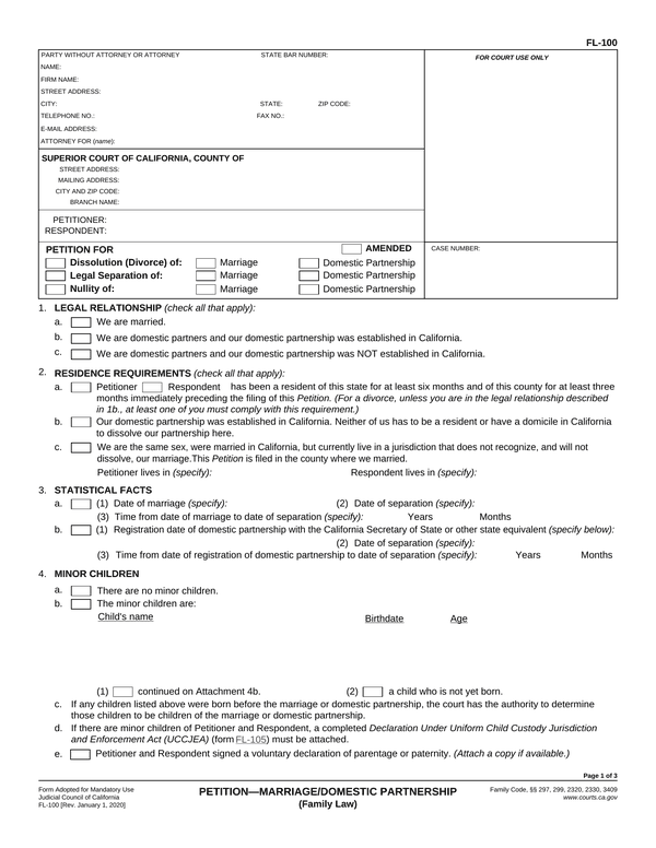 Preview of the official Form FL-100 PDF, page 1