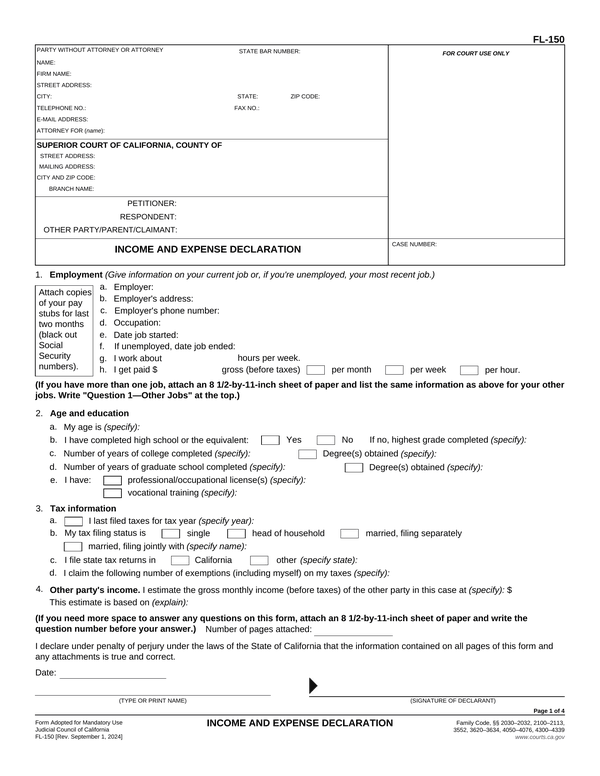 Preview of the official Form FL-150 PDF, page 1