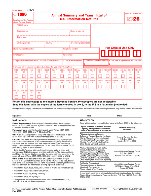 Preview of the official Form 1096 PDF, page 2