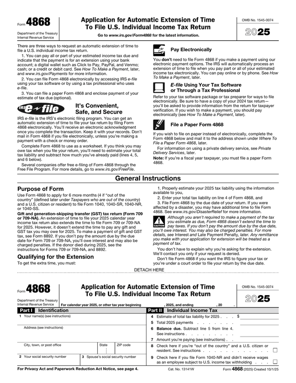 Preview of the official Form 4868 PDF, page 1