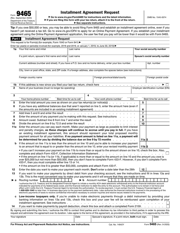 Preview of the official Form 9465 PDF, page 1