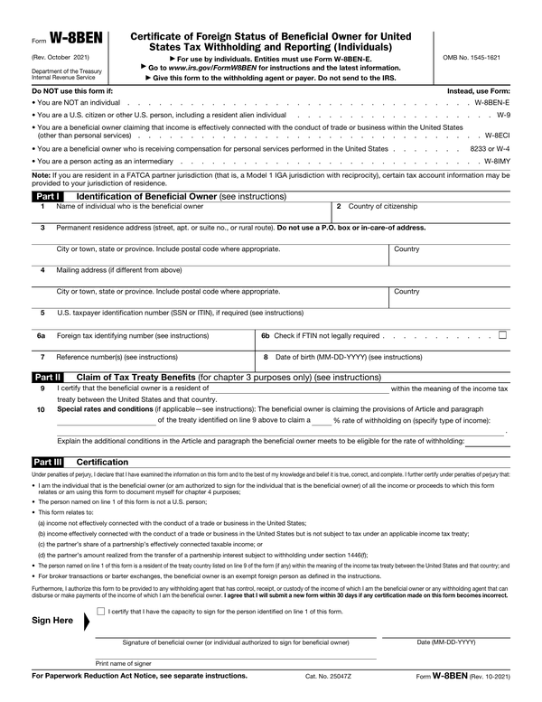 Preview of the official Form W-8BEN PDF, page 1