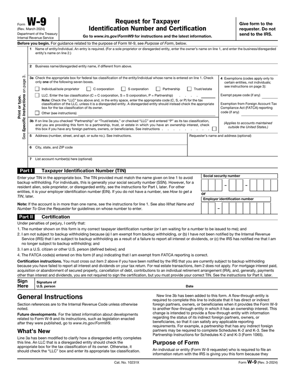 Preview of the official Form W-9 PDF, page 1