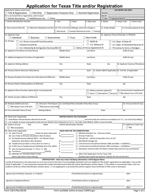 Preview of the official Form 130-U PDF, page 1