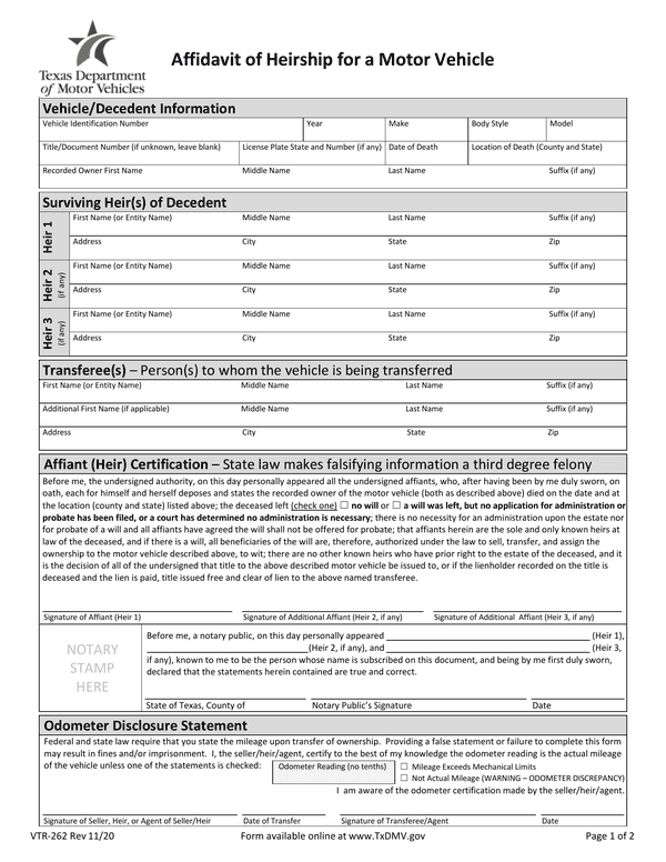 Preview of the official Form VTR-262 PDF, page 1