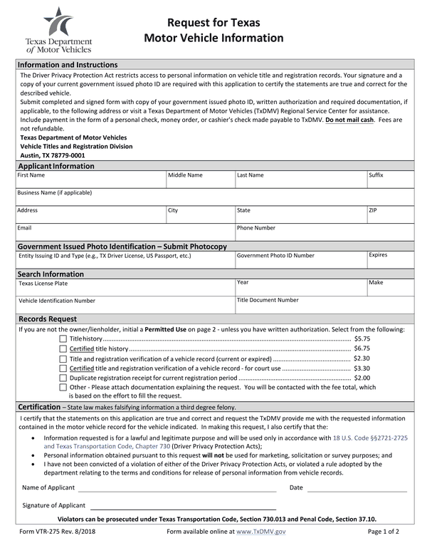 Preview of the official Form VTR-275 PDF, page 1