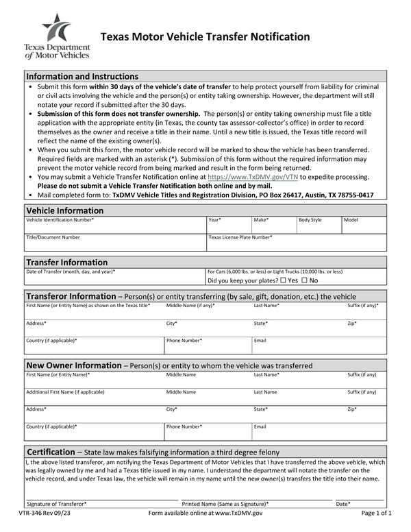 Preview of the official Form VTR-346 PDF, page 1