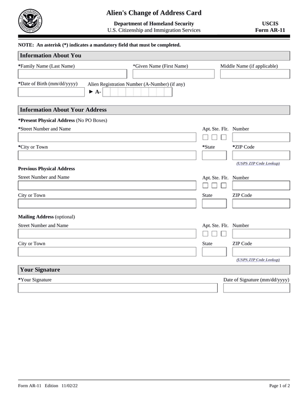 Preview of the official Form AR-11 PDF, page 1