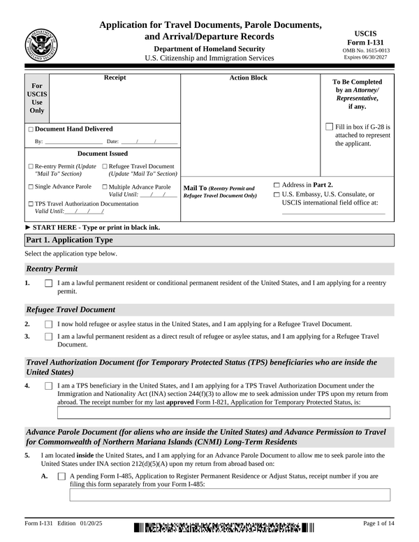 Preview of the official Form I-131 PDF, page 1