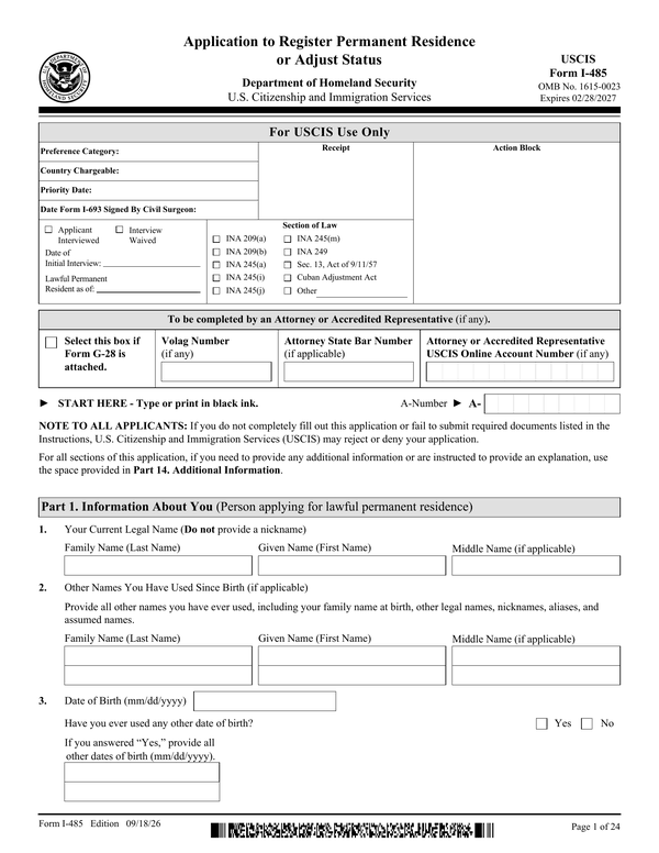 Preview of the official Form I-485 PDF, page 1