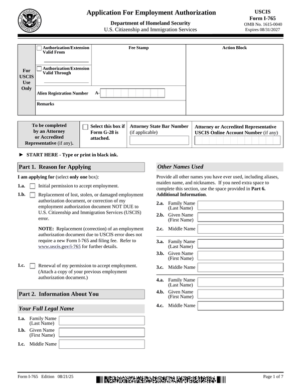 Preview of the official Form I-765 PDF, page 1