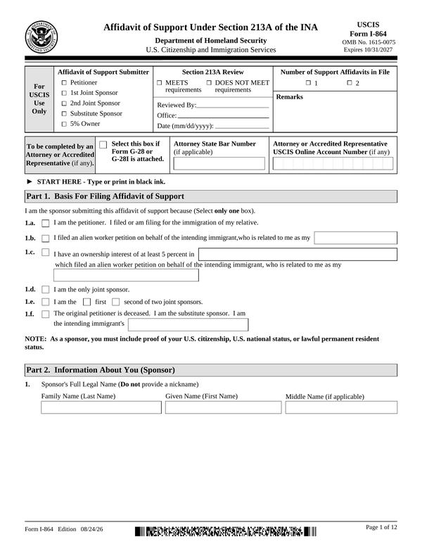 Preview of the official Form I-864 PDF, page 1