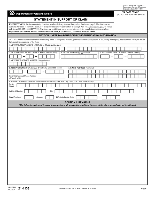 Preview of the official Form 21-4138 PDF, page 1