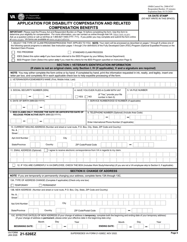 Preview of the official Form 21-526EZ PDF, page 9
